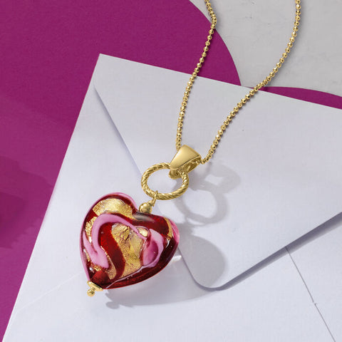Ross-Simons Italian Red and Pink Murano Glass Heart Pendant Necklace
