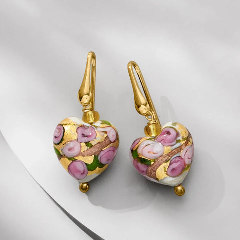 Ross Simons Italian Multicolored Murano Glass Rose Heart Drop Earrings