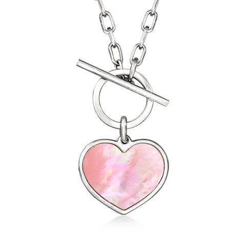 Ross Simons Sterling Italian Pink Mother-of-Pearl Heart Toggle Necklace
