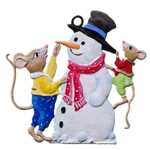 Mice with Snowman German Pewter Hand-Painted Ornament