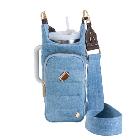 WanderFull HydroBag® HANDLE™- Football Embroidery on Denim with Gold Hardware