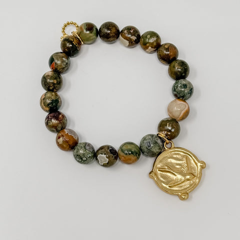 PowerBeads by Jen California Camo Agate w/ Goldtone DragonFly/SparrowCharm