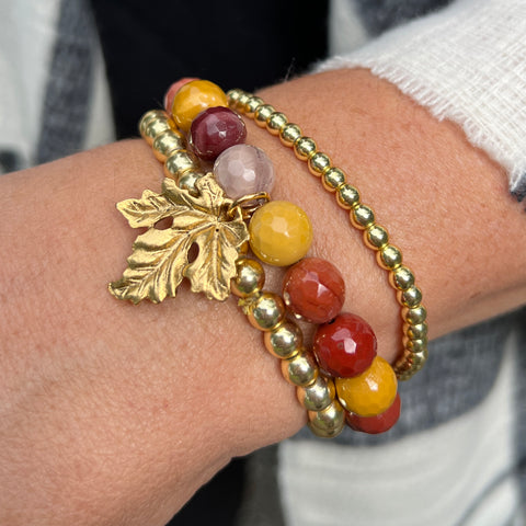 Power Beads by jen Petites Mookaite Jasper with Leaf Charm Bracelet