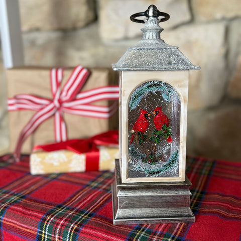 Lighted Swirl Lantern w/ Cardinals on a Branch for Just Jill