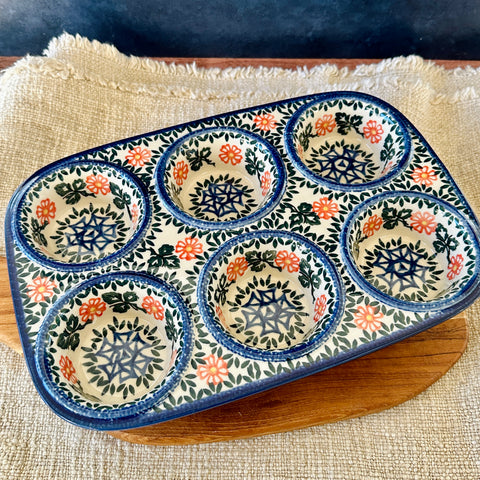Polish Pottery Six Muffin Baking Dish