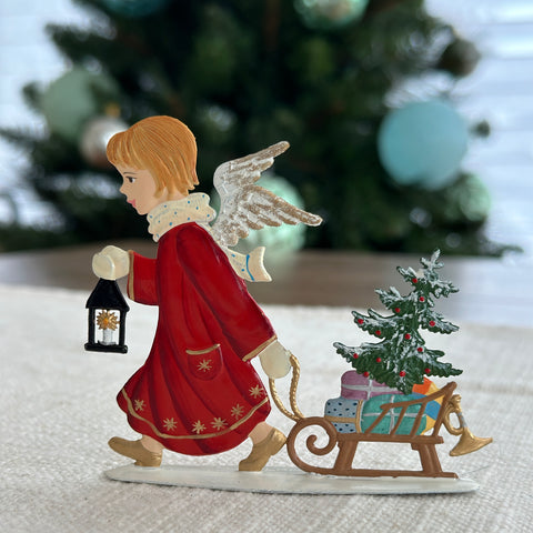 Angel Pulling Sled Hand Painted German Pewter Figurine