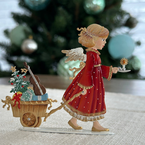 Angel Pulling Gift Wagon Hand Painted German Pewter Figurine