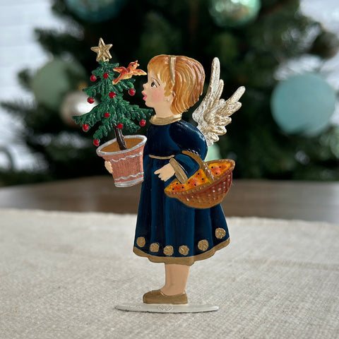 Angel with Tree and Basket Hand Painted German Pewter Figurine