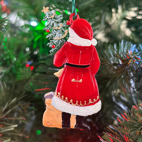 Santa with Tree and Sack Hand Painted German Pewter Ornament