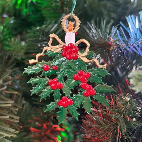 Holly Swag Hand Painted German Pewter Ornament