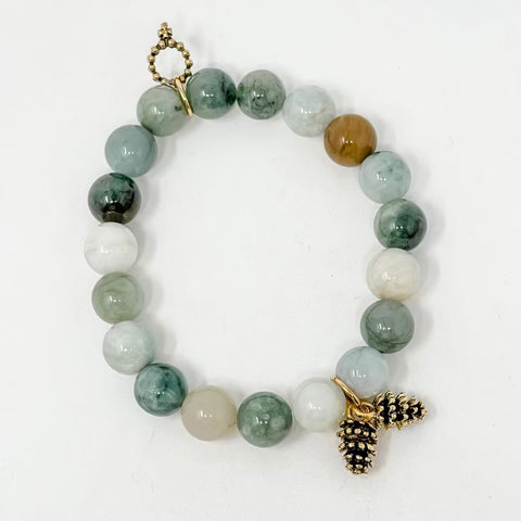 PowerBeads by jen Petites Juniper Jade Bracelet with Goldtone Pinecone Duo