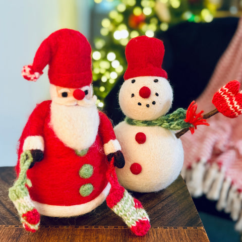 Set of 2 Artisan Crafted Wool Santa and Snowman for Just Jill