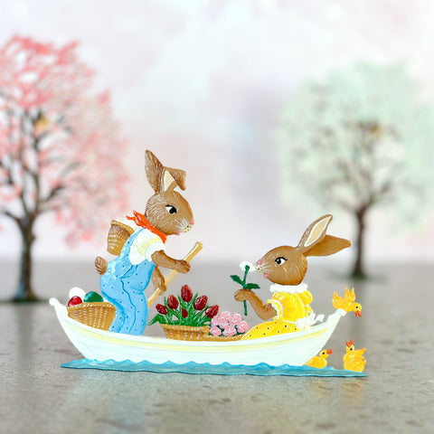 Bunny Couple in a Boat Hand Painted German Pewter Figurine