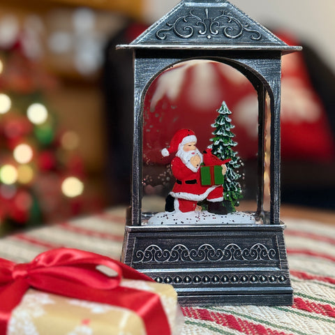 Black Lighted Swirl Santa Lantern w/ Cardinal for Just Jill