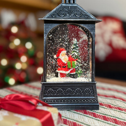 Black Lighted Swirl Santa Lantern w/ Cardinal for Just Jill