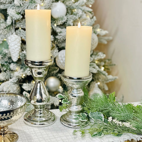Set of 2 Silver Antiqued Mercury Pillar Candle Holders