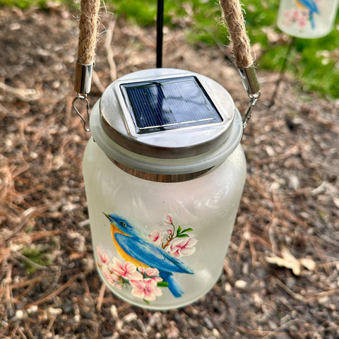 Bluebird Solar Hanging Glass Jar Lantern with 30" Stake