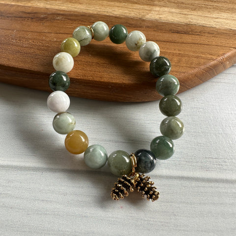 PowerBeads by jen Petites Juniper Jade Bracelet with Goldtone Pinecone Duo