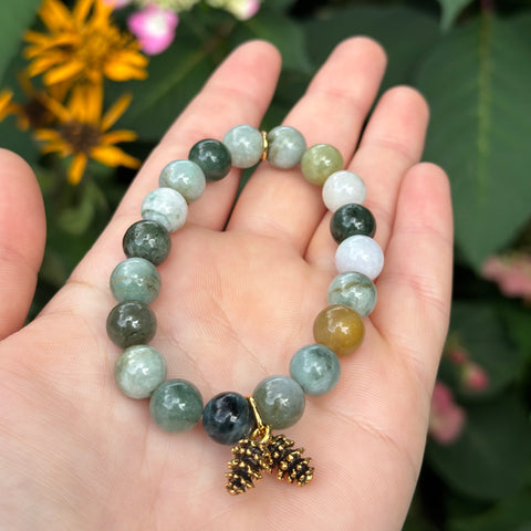 PowerBeads by jen Petites Juniper Jade Bracelet with Goldtone Pinecone Duo