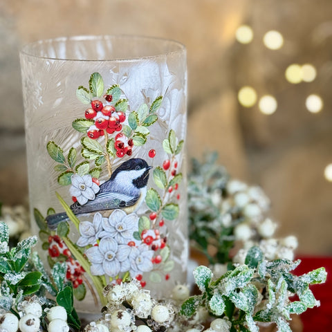 Frozen Glass Chickadee Hurricane w/ Lights for Just Jill