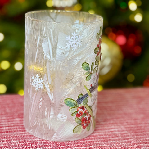 Frozen Glass Chickadee Hurricane w/ Lights for Just Jill