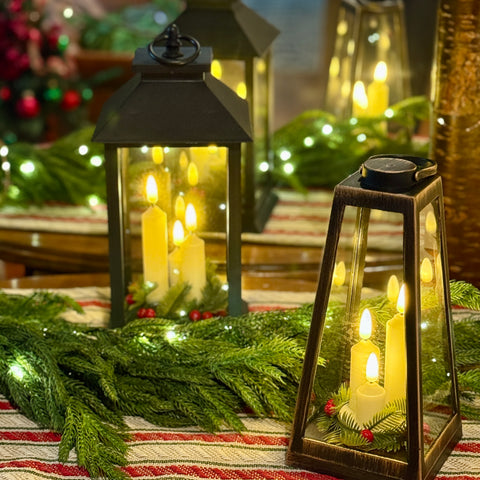 12" Lantern with Candles and Greenery for Just Jill