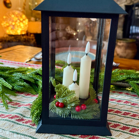 12" Lantern with Candles and Greenery for Just Jill