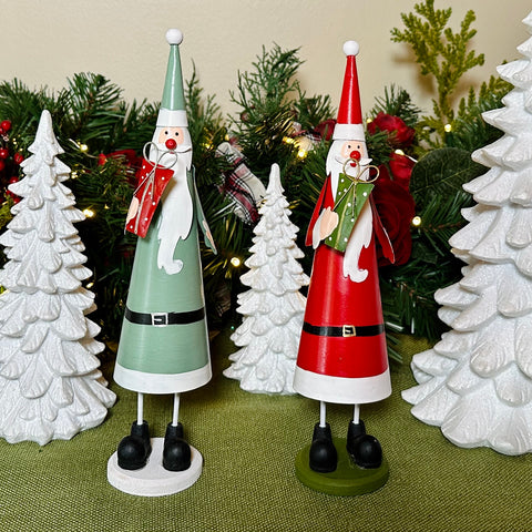 Set of 2 Red and Green Metal Cone Santas for Just Jill