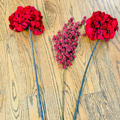 Metallic Glitter Spray of Berry and Red Hydrangea Stems-BOGO OFFER