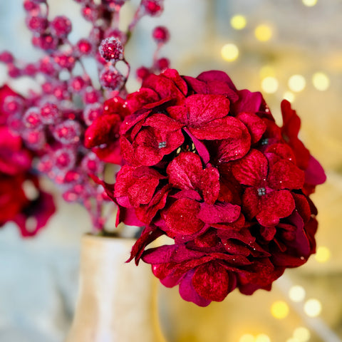 Metallic Glitter Spray of Berry and Red Hydrangea Stems-BOGO OFFER
