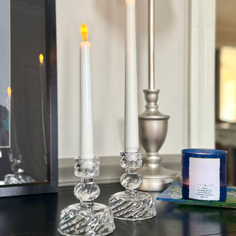Set of 2 Small Glass Swirl Taper Candle Holders for Just Jill-BOGO OFFER
