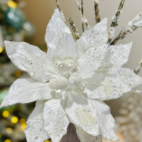 Iced Jewel Encrusted Poinsettia w/ Frosted Birch Stem-BOGO OFFER