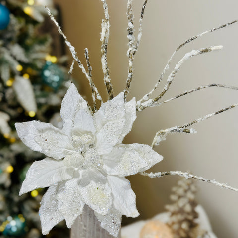 Iced Jewel Encrusted Poinsettia w/ Frosted Birch Stem-BOGO OFFER