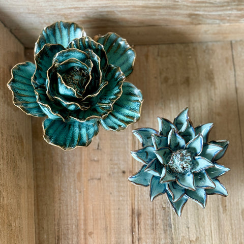 Set of 2 Teal-Blue Ceramic Flowers for Just Jill