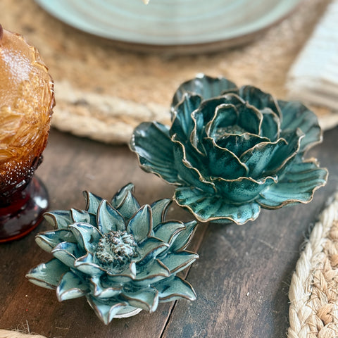 Set of 2 Teal-Blue Ceramic Flowers for Just Jill