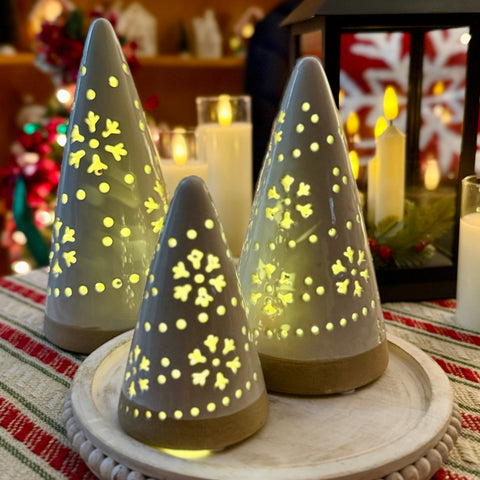 Set of 3 Light-Up White Ceramic Cone Trees w/ Embossed Detail