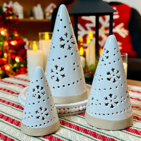 Set of 3 Light-Up White Ceramic Cone Trees w/ Embossed Detail