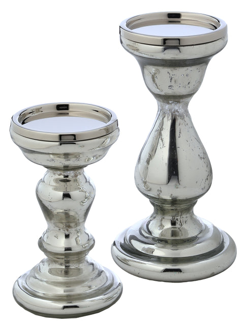 Set of 2 Silver Antiqued Mercury Pillar Candle Holders