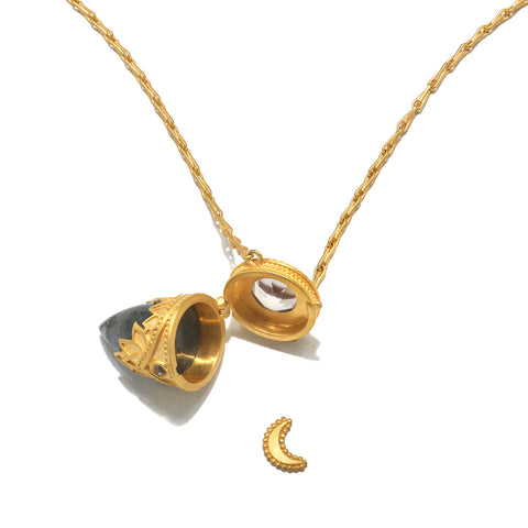 Satya Guiding Spirit Labradorite and White Topaz Lotus Locket Necklace