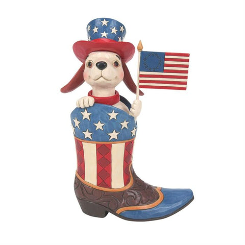 Jim Shore Boot with Dog Holding Flag Figurine