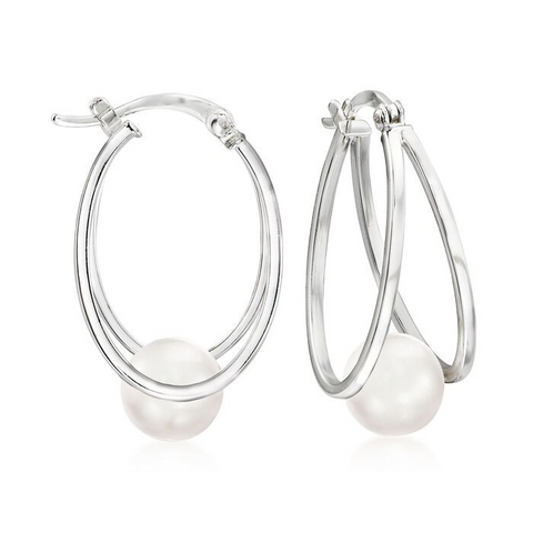 Ross-Simons Sterling Silver 8-9mm Cultured Pearl Double-Hoop Earrings