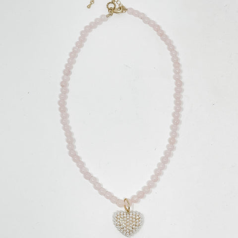 PowerBeads by jen 18" Rose Quartz Peart Heart Necklace
