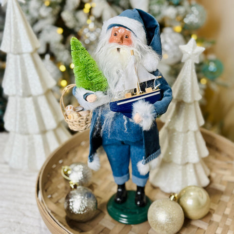 Byers' Choice & Just Jill Signed Denim Santa w/ Christmas Tree