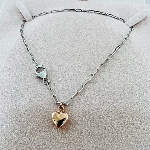 Italian Sterling Silver Paperclip Ankle Bracelet with Rose-Gold Heart