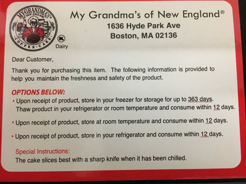 My Grandma's of New England 3.1lb Original Large Cinnamon Coffee Cake w/ no Nuts