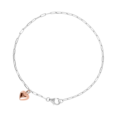 Italian Sterling Silver Paperclip Ankle Bracelet with Rose-Gold Heart