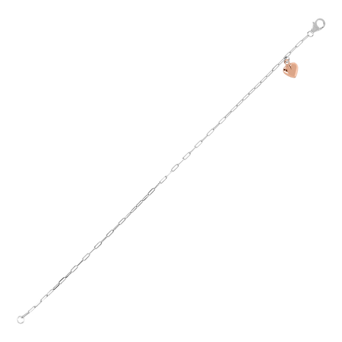 Italian Sterling Silver Paperclip Ankle Bracelet with Rose-Gold Heart