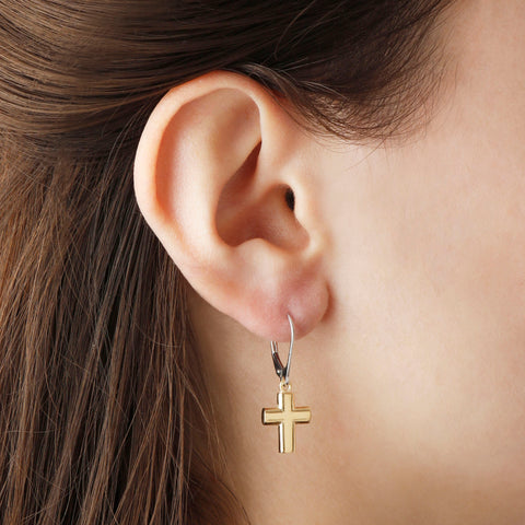 Italian Sterling Silver Cross Motif Charm Leverback Earrings